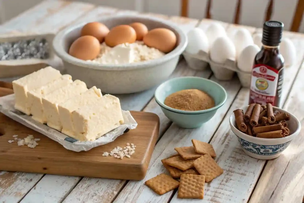 Ingredients for churro cheesecake on a kitchen counter