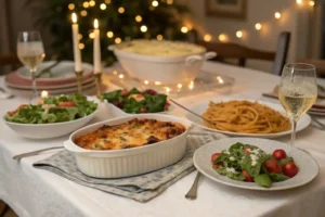 A beautifully arranged dinner table with a variety of delicious dishes