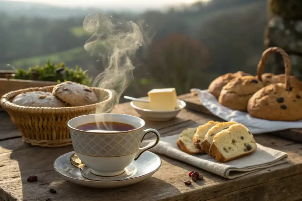 A cup of Irish Breakfast Tea with traditional Irish breakfast items