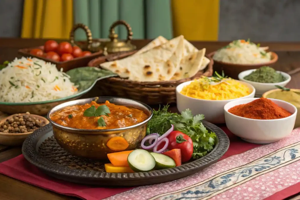 A beautifully arranged table showcasing a variety of colorful Indian dishes, including curry, naan, and biryani, with traditional spices and Indian textiles in a warm, inviting setting