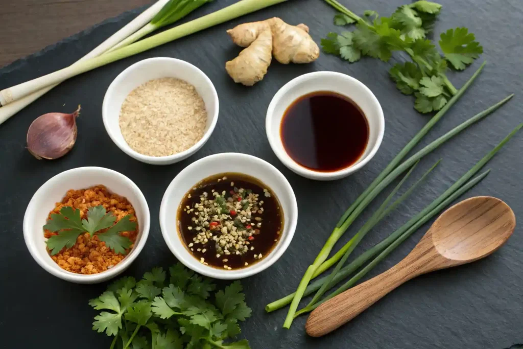 ngredients for stir fry seasoning on a slate background