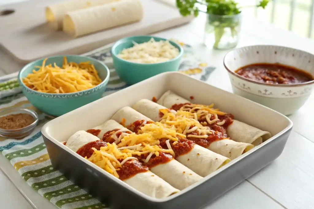 Layering frozen burritos with cheese and sauce