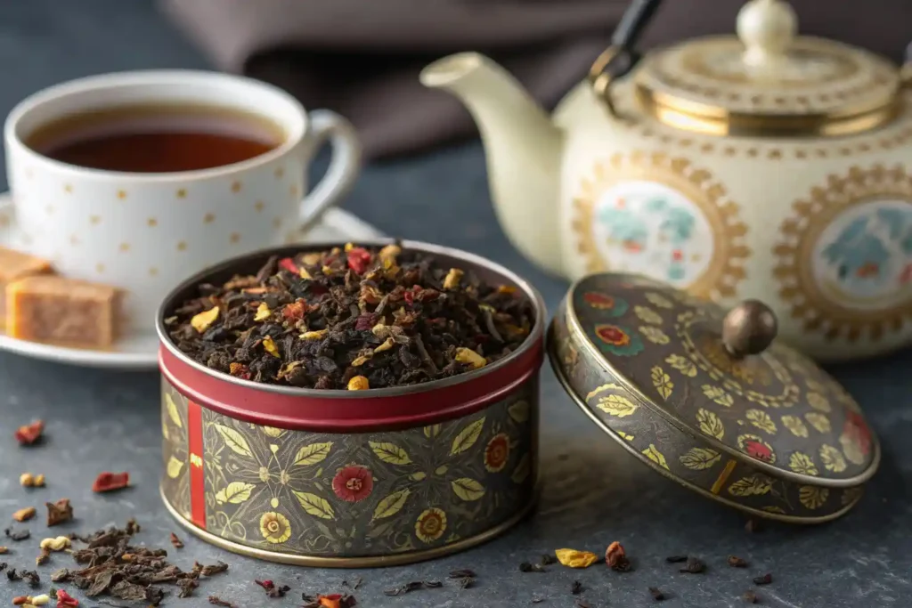 Loose-leaf Irish Breakfast Tea in a decorative tin