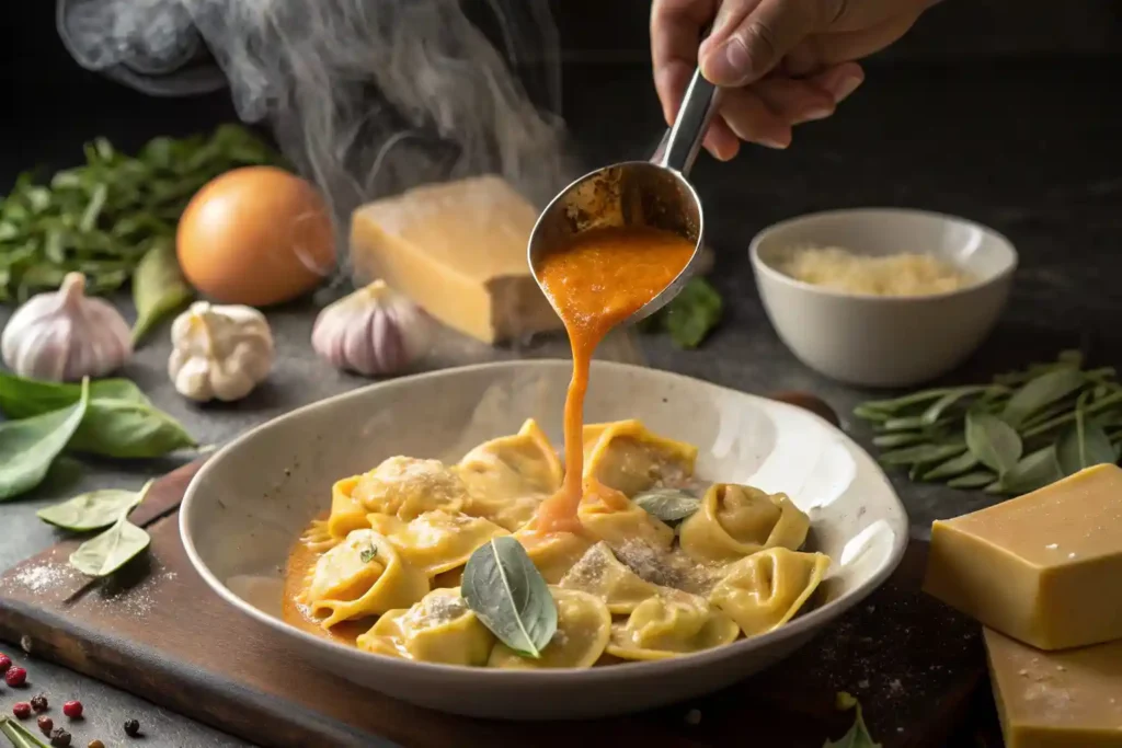 Chef pouring creamy pumpkin sauce over tortellini