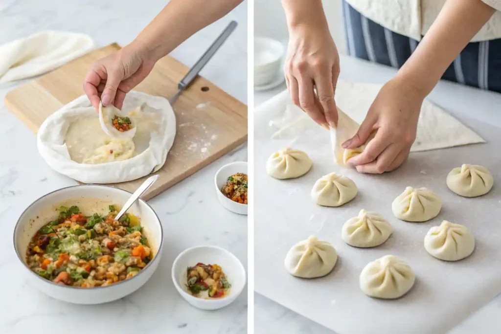 Step-by-step process of making vegetarian soup dumplings.