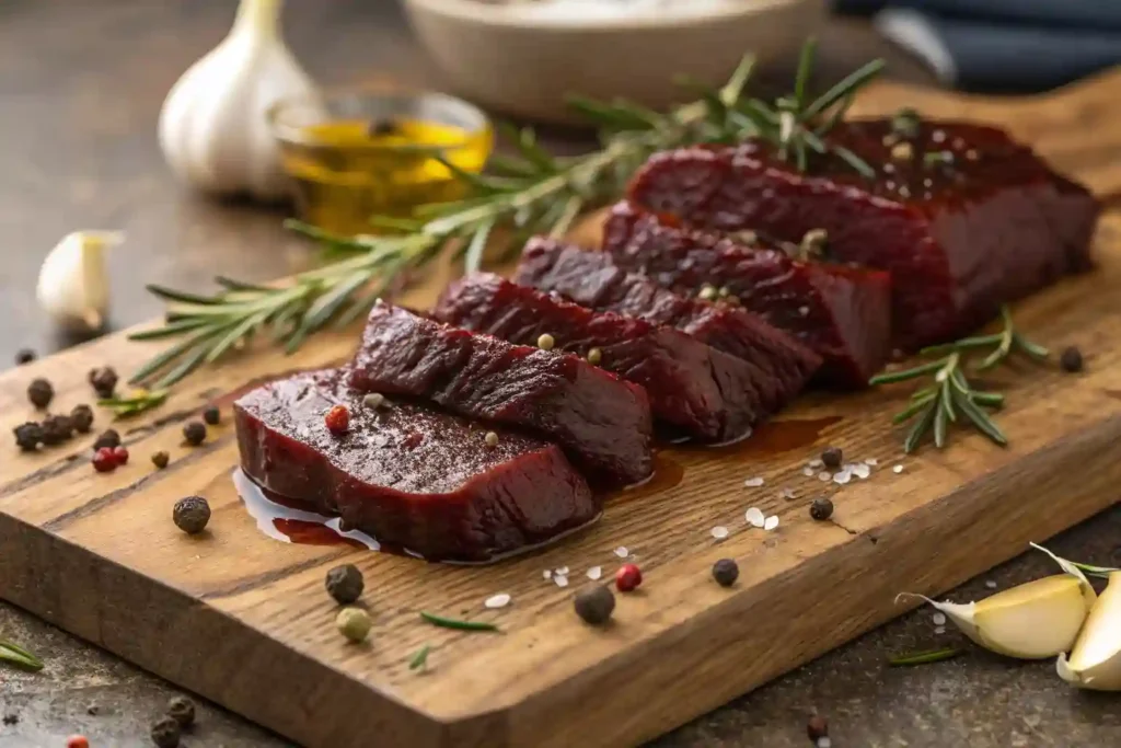 Marinated venison roast prepared for cooking.