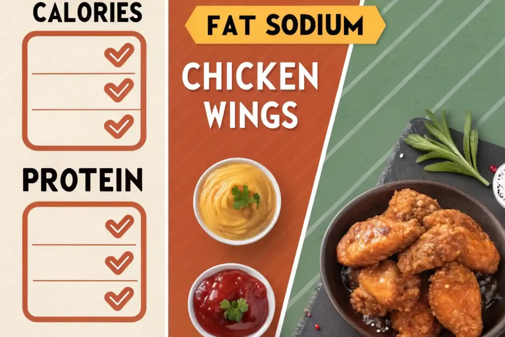 Nutritional breakdown of chicken wings showing calories, protein, fat, and sodium