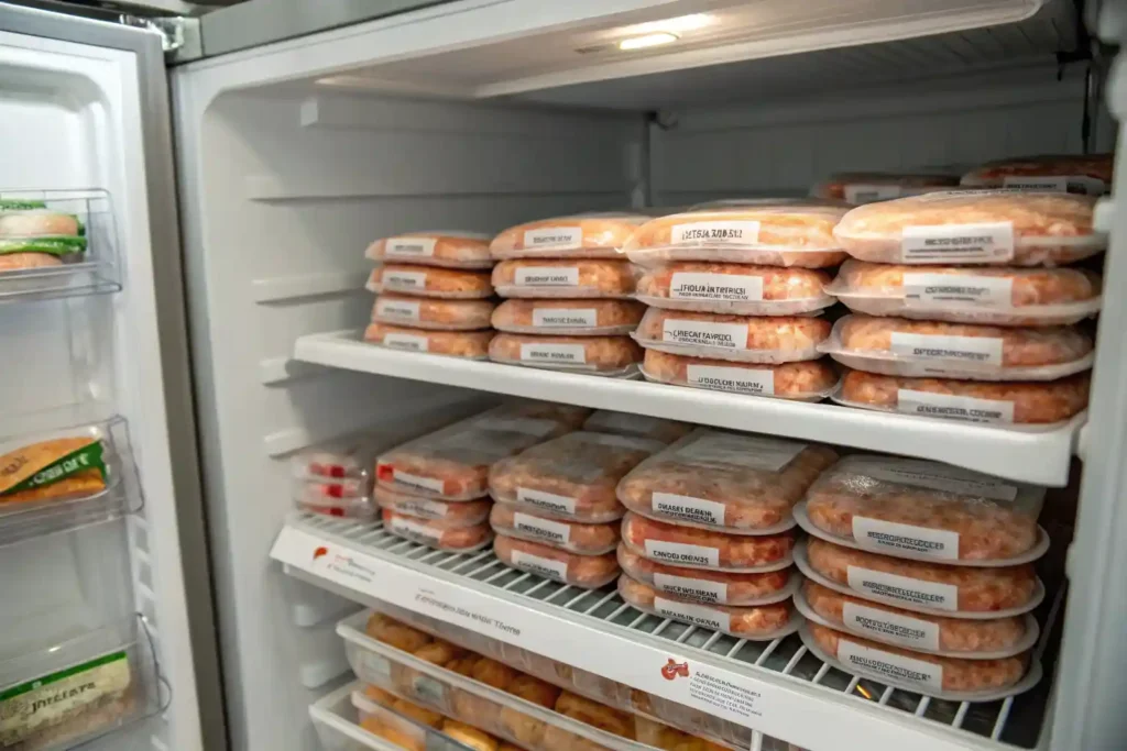 Neatly organized freezer with frozen burgers