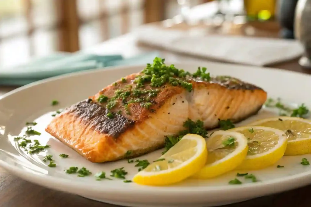 Pan-seared steelhead trout fillet with crispy skin, garnished with parsley and lemon