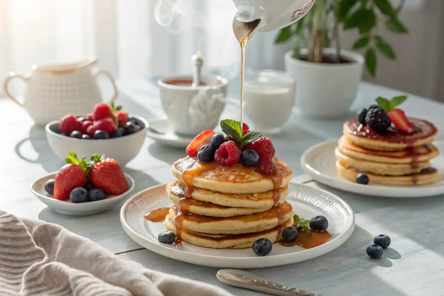 Delicious pancake breakfast with fresh berries and syrup