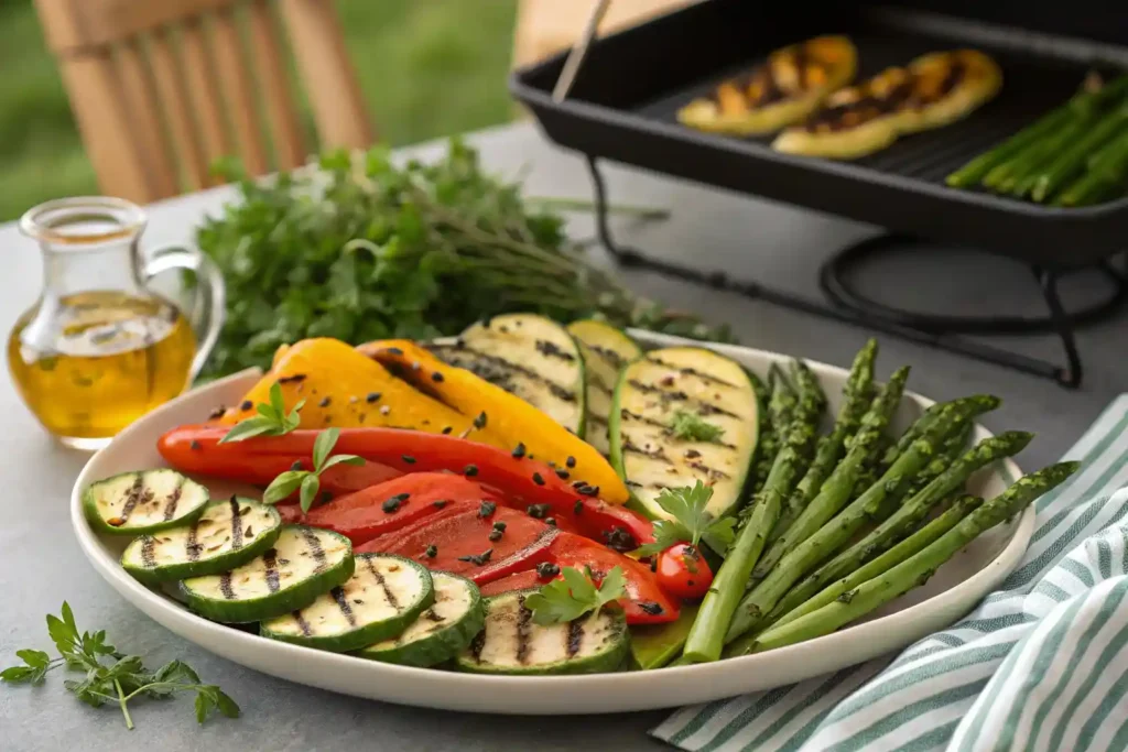 Platter of grilled vegetables including zucchini, bell peppers, and asparagus, garnished with herbs