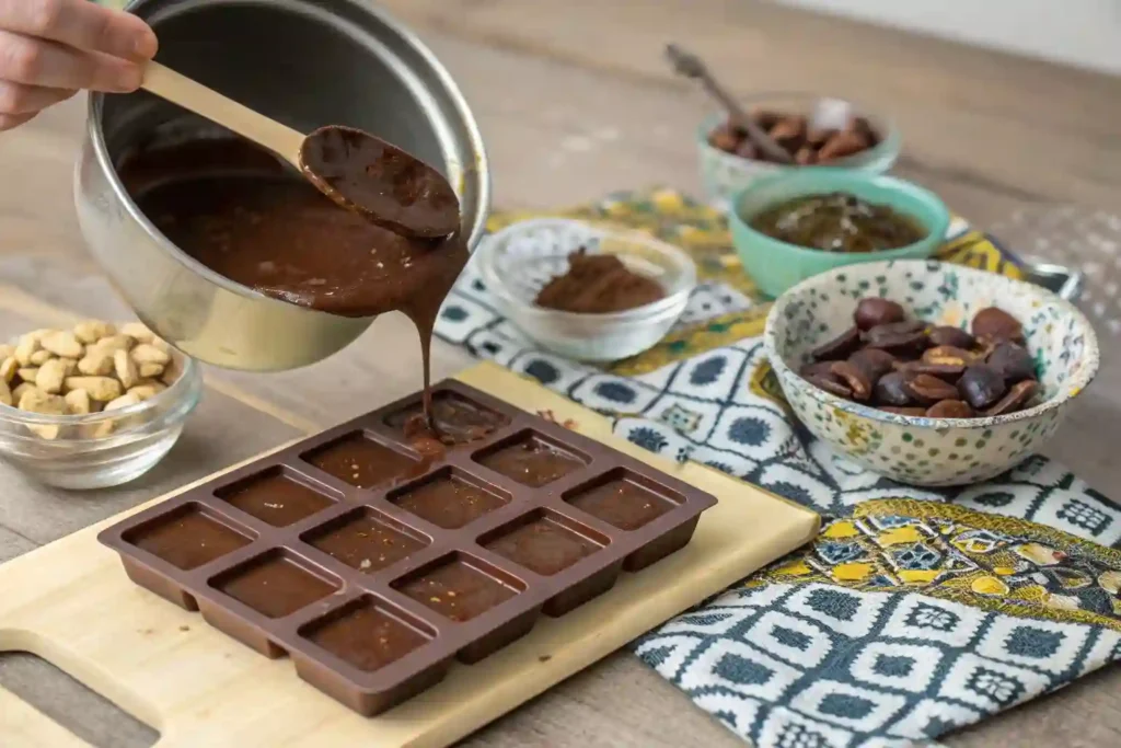 Pouring melted chocolate into a mold to make a Dubai chocolate bar