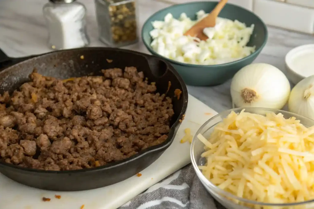 Ground beef being browned in a skillet with fresh ingredients for casserole