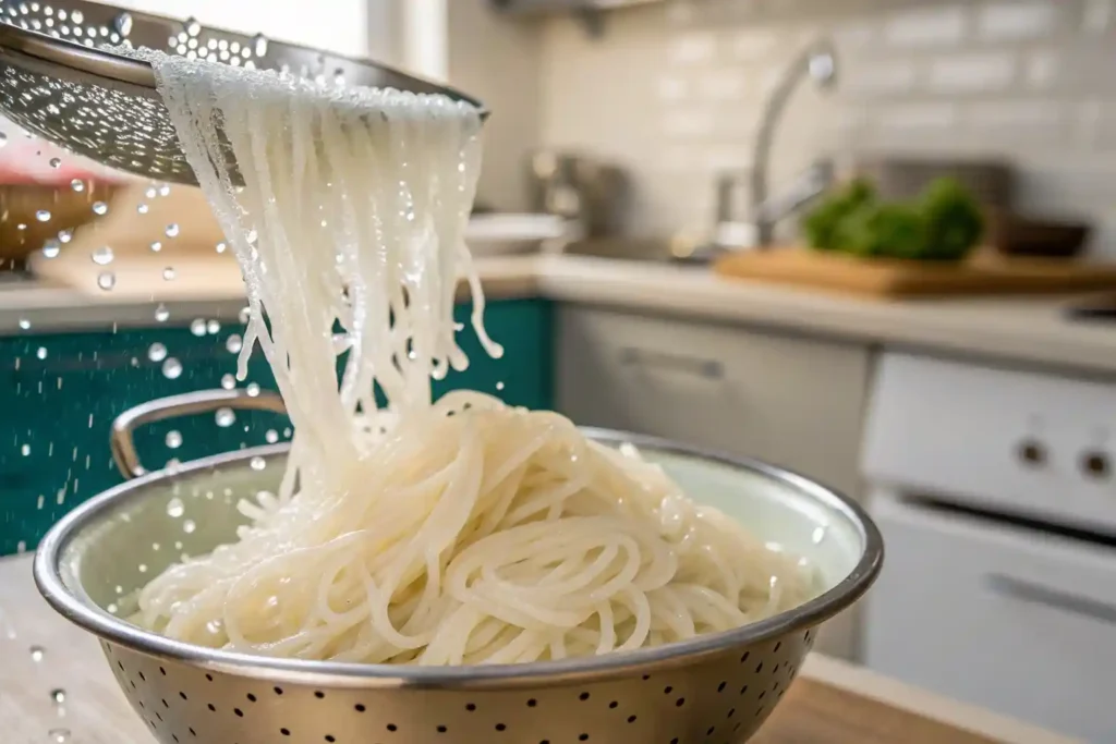 Rinsing konjac noodles in a colander