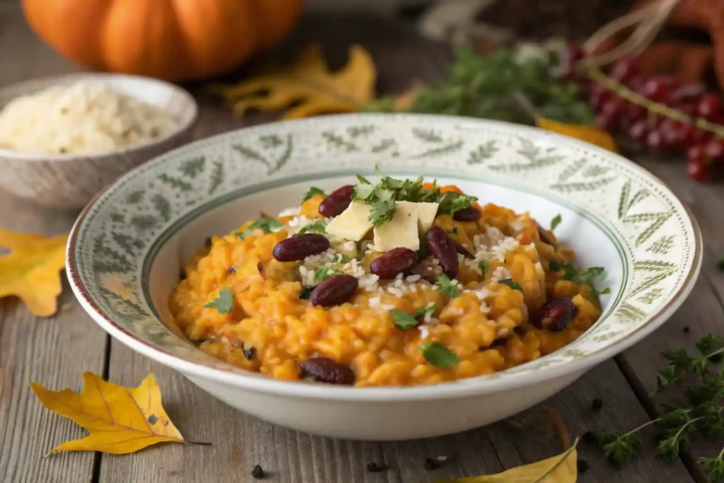 Creamy pumpkin risotto with beans garnished with herbs.