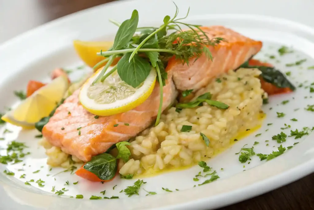 Plated salmon and risotto with herbs and lemon