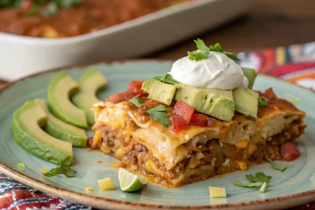 Slice of frozen burrito casserole with avocado and sour cream