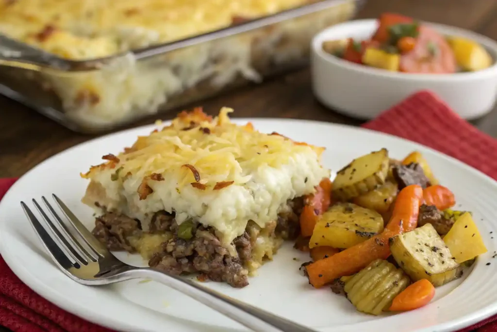 A serving of ground beef and hash brown casserole with roasted vegetables