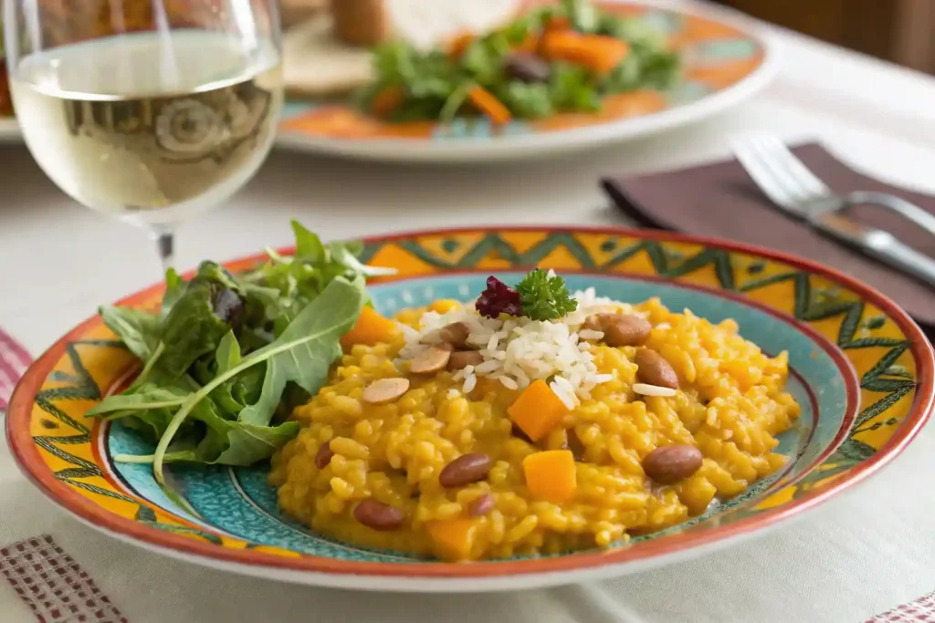 Pumpkin risotto with beans served with salad and wine