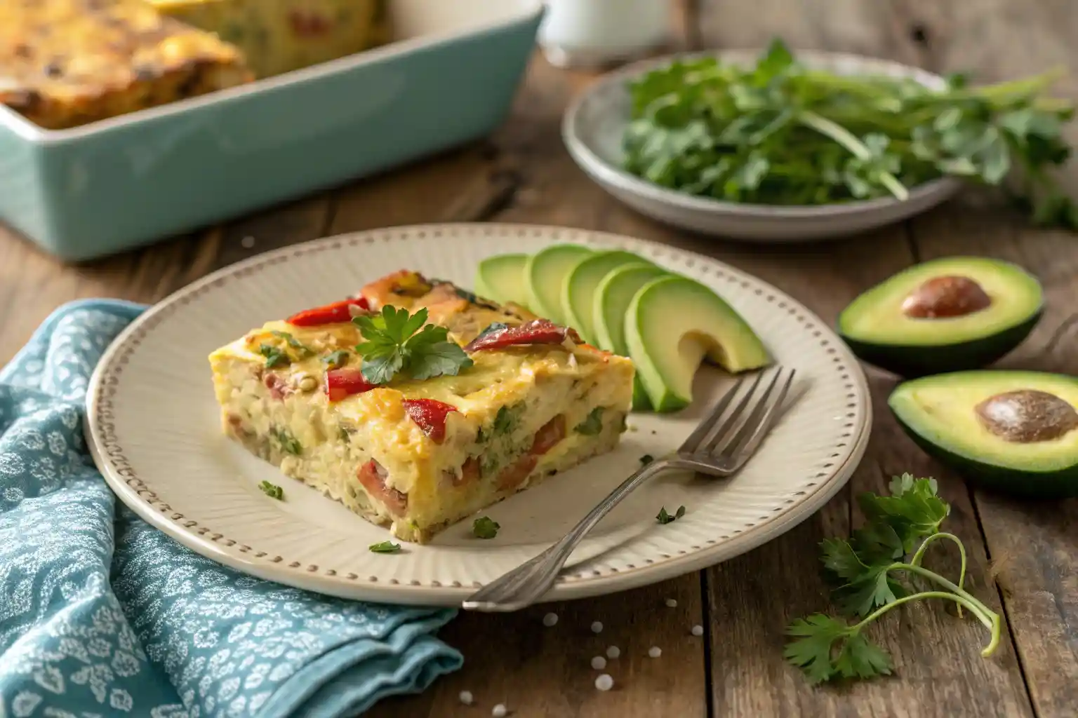 Slice of gluten-free breakfast casserole on a plate, garnished with cilantro and served with avocado slices.