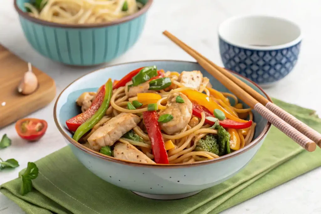 A bowl of skinny pasta stir-fry with vegetables