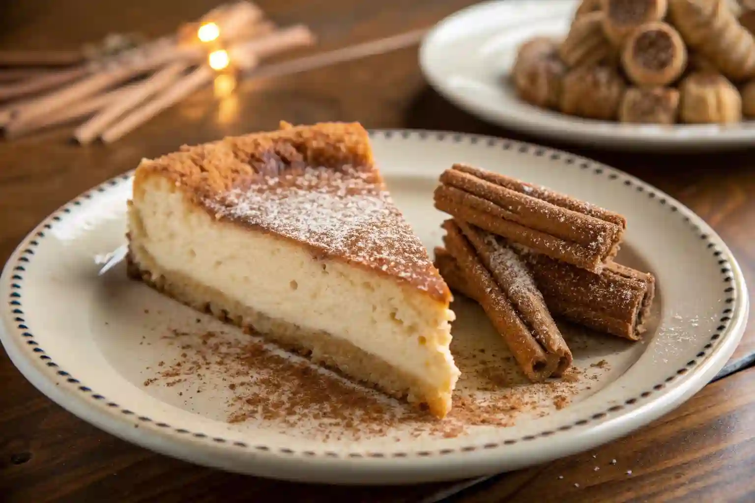 Slice of churro cheesecake topped with cinnamon-sugar and whipped cream