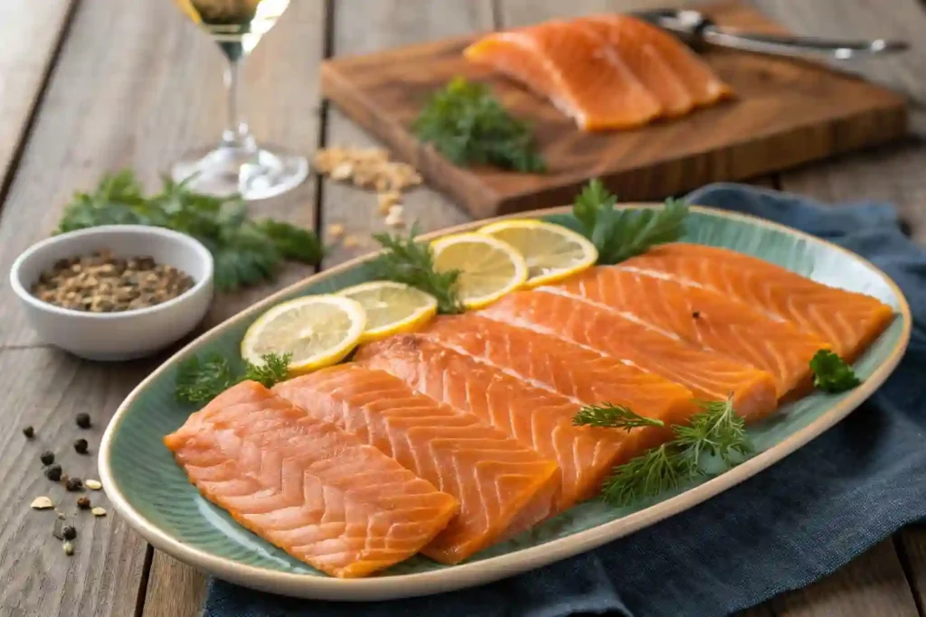 Smoked salmon fillets garnished with lemon slices and fresh herbs on a rustic table