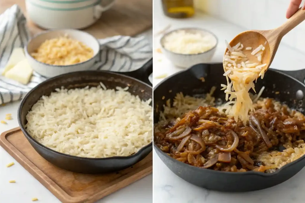 Cooking French onion soup rice with caramelized onions and cheese