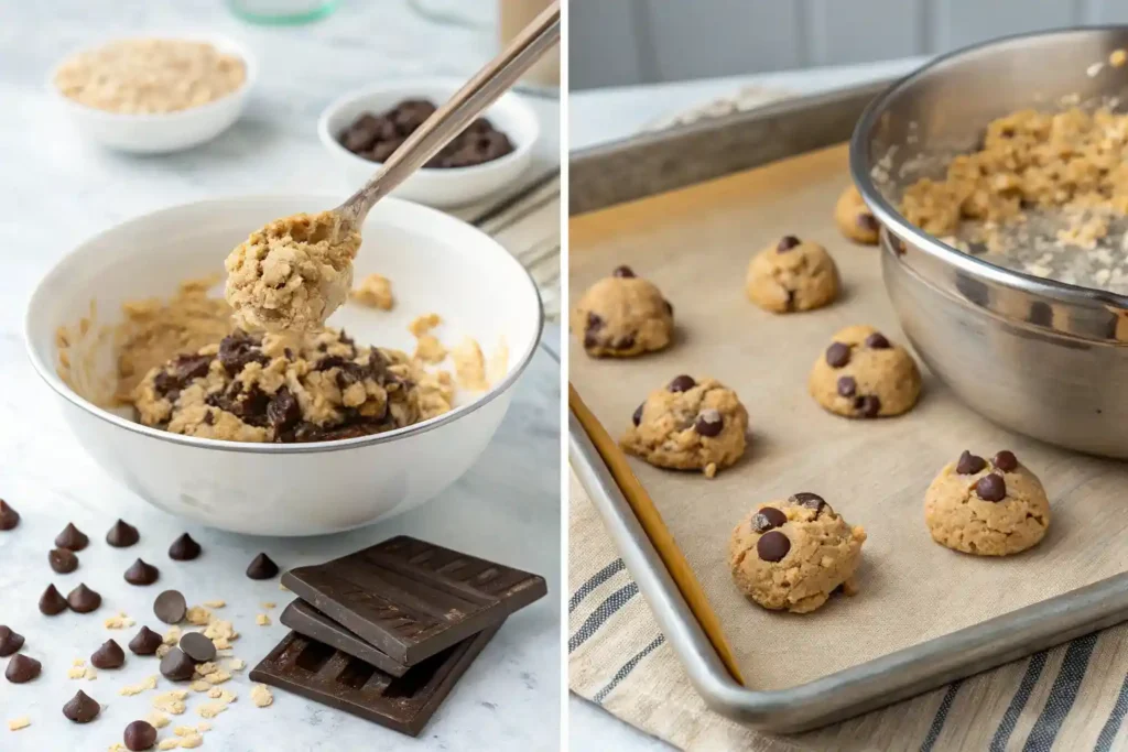 Step-by-step process of making healthy chocolate cookies mixing dough, scooping onto a baking sheet, and baking