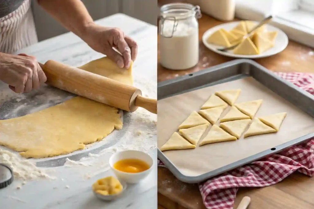 Step-by-step process of preparing Gipfeli recipe dough, including rolling, cutting, and shaping into crescents.