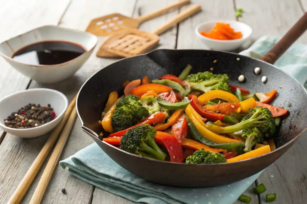 Wok with colorful stir fry coated in stir fry seasoning sauce