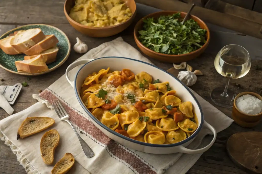 Tortellini pumpkin pasta served with garlic bread and salad