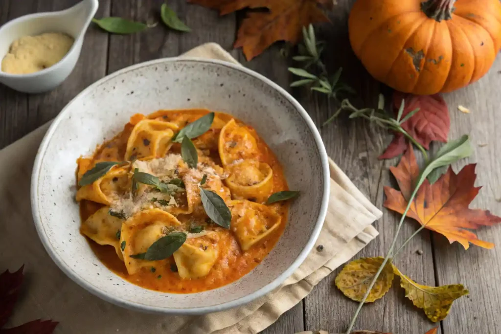 Tortellini pumpkin pasta with creamy pumpkin sauce and sage