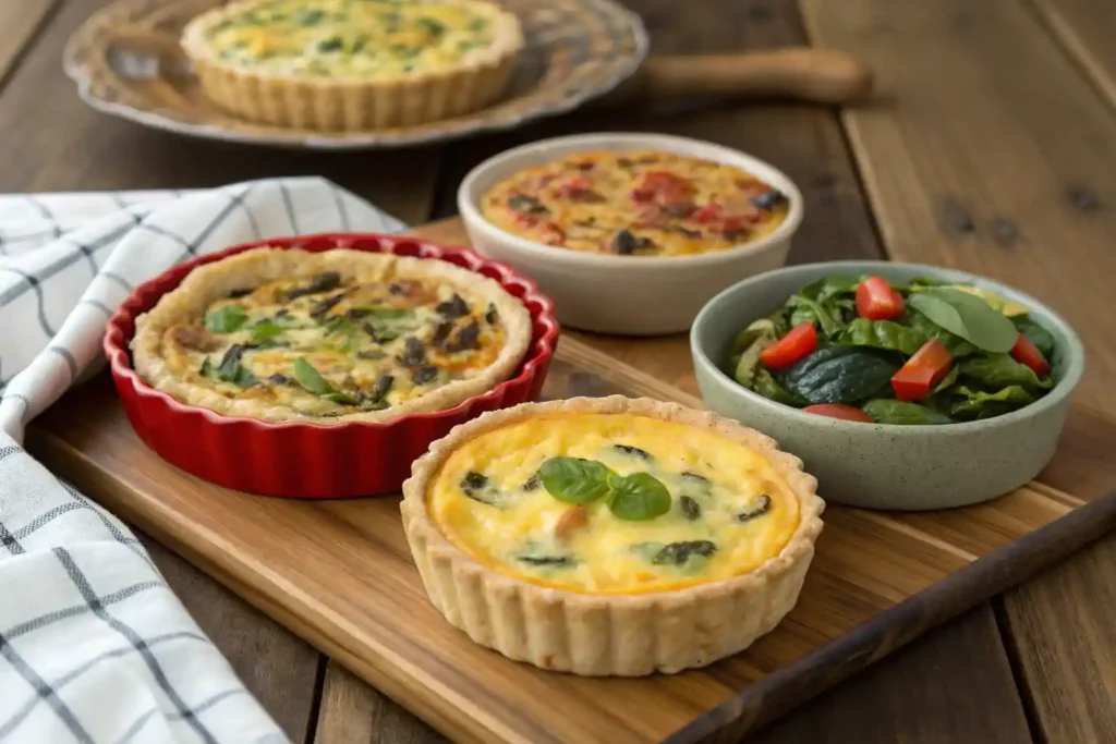 Four variations of tortilla quiche bake on a wooden table