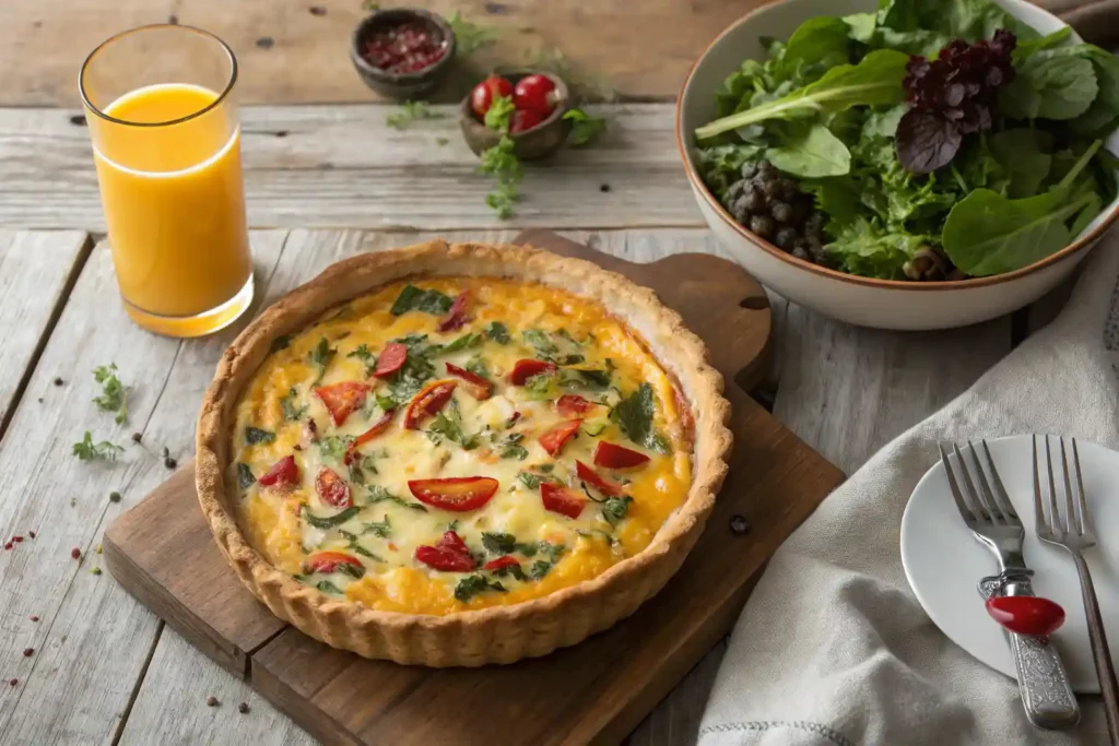 Golden tortilla quiche bake with vegetables and cheese