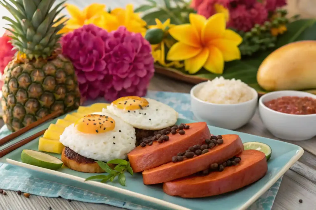 Traditional Hawaiian breakfast spread with Loco Moco, Spam Musubi, and tropical fruits