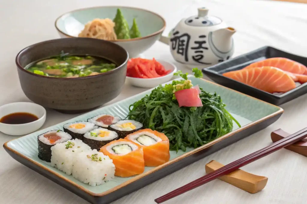 Traditional Japanese meal with seaweed salad and sushi