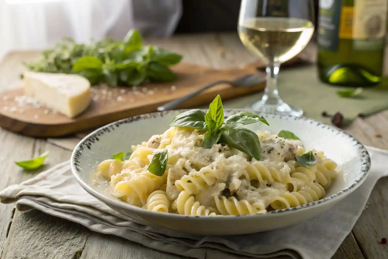 Trottole pasta with creamy Alfredo sauce and fresh basil