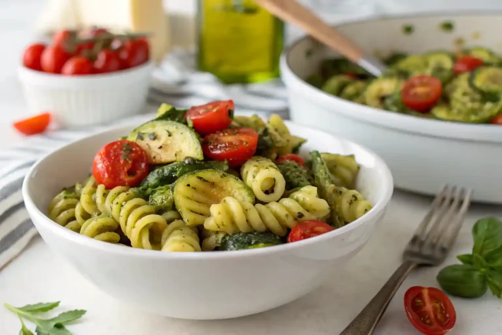 Trottole pasta tossed in pesto sauce with grilled vegetables