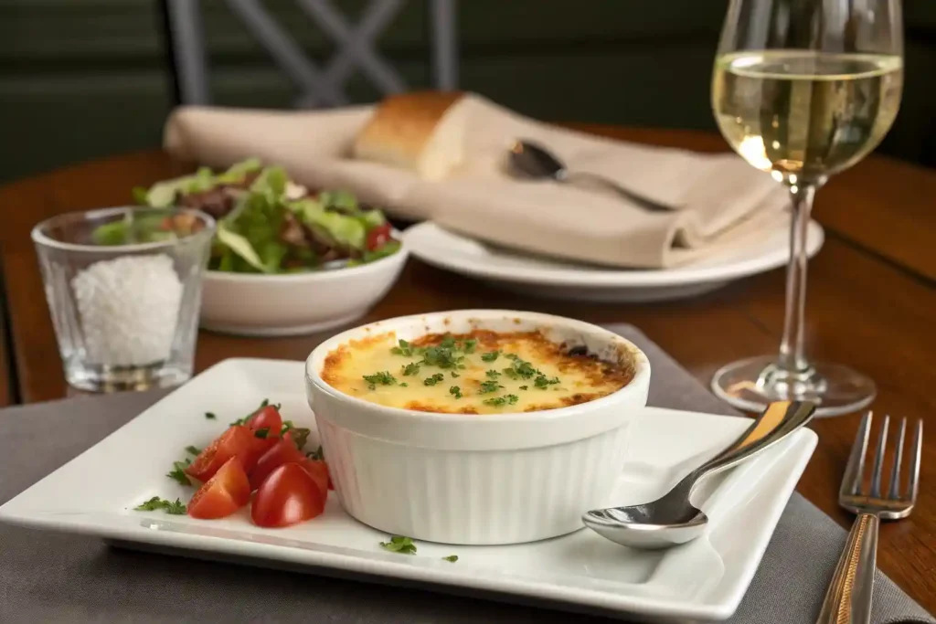 A beautifully styled dinner table with a finished crab brulee in a ramekin topped with a caramelized crust, garnished with chives, and served with a silver spoon, a glass of white wine, a side salad, and a linen napkin, creating a cozy and elegant dining atmosphere.