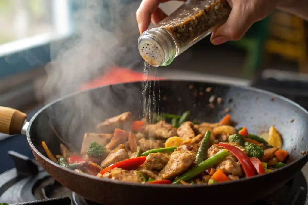 Pouring stir fry seasoning over a wok of vegetables and chicken