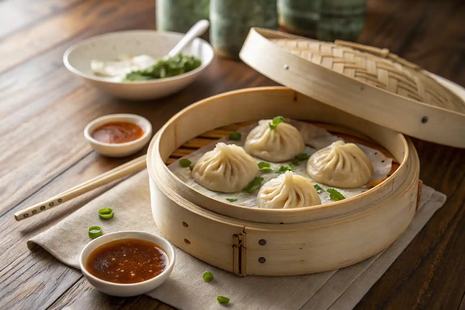 Vegetarian soup dumplings served in a bamboo steamer with dipping sauce.