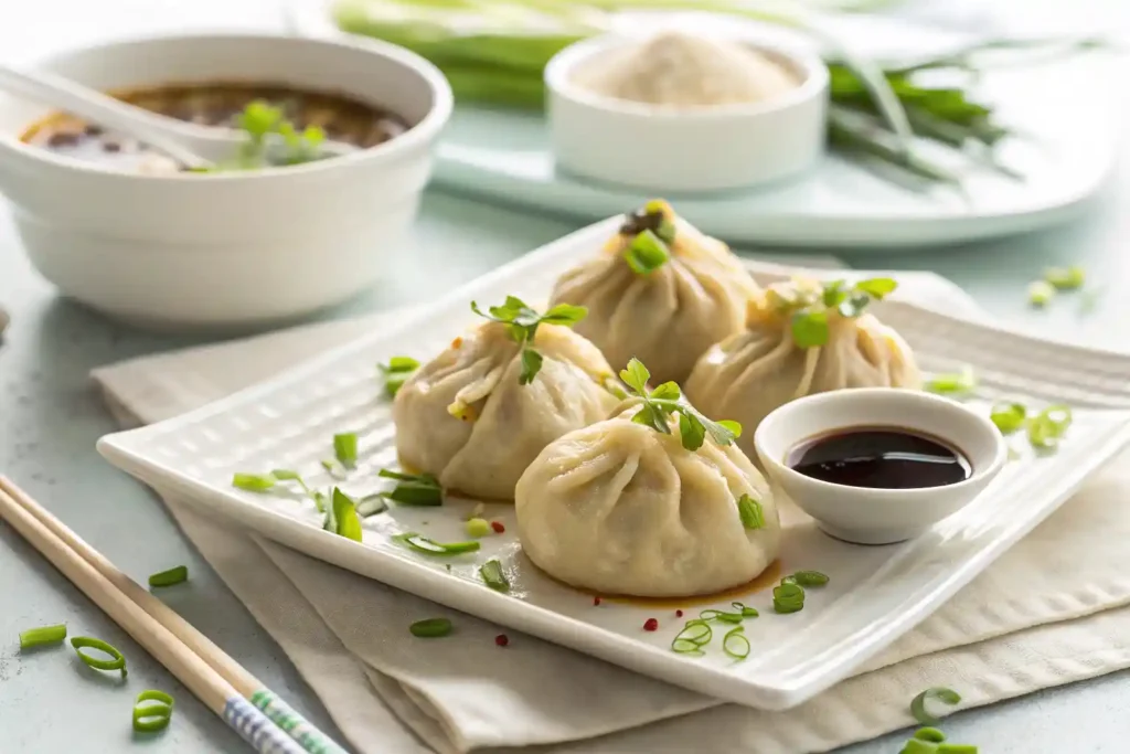 Vegetarian soup dumplings served with soy dipping sauce and green onions.