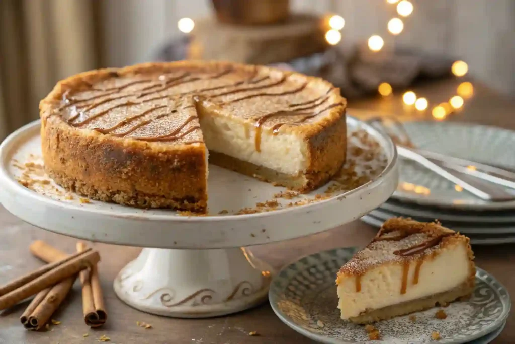 Whole churro cheesecake with a slice removed