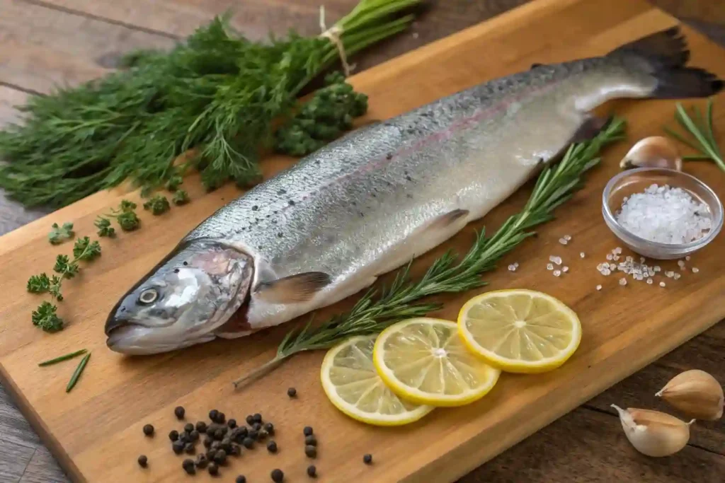 Steelhead trout recipe on a cutting board with herbs, lemon, and seasonings