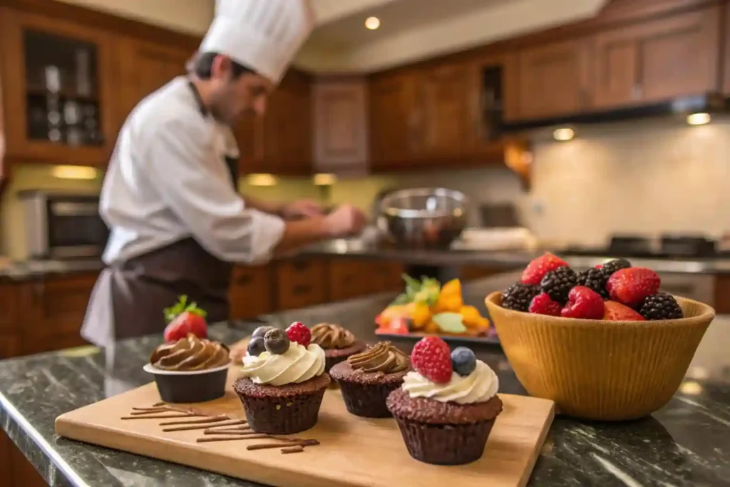 A baker preparing gourmet cupcake batter with high-quality ingredients in a cozy kitchen