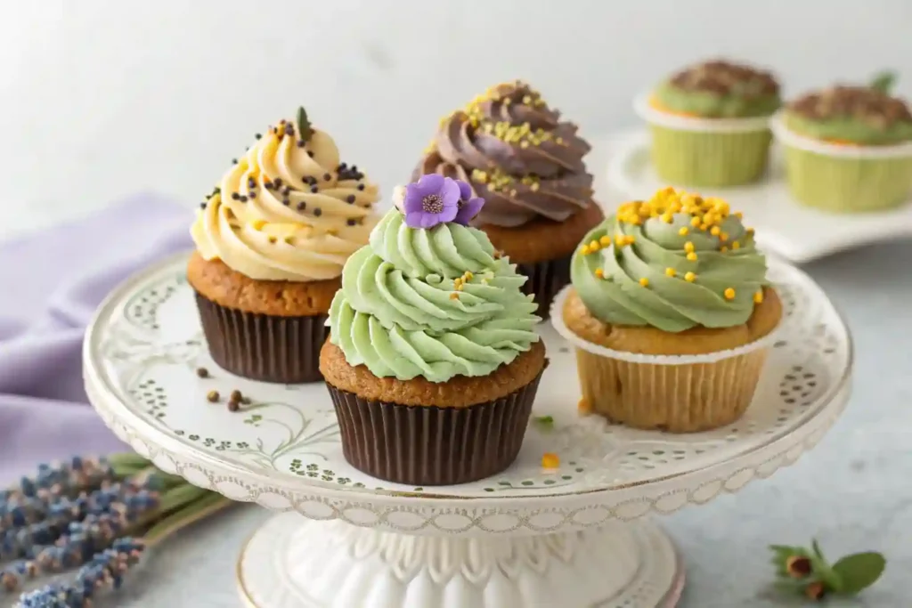 "Assorted gourmet cupcakes featuring unique flavors like lavender honey, matcha green tea, and salted caramel