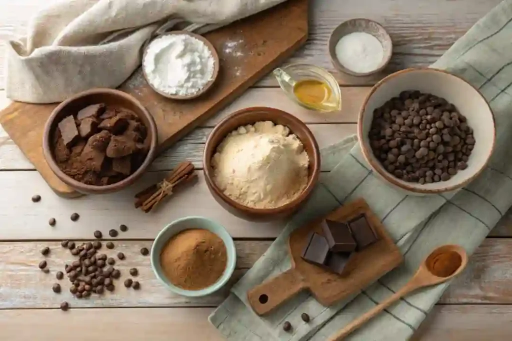 Ingredients for chocolate sourdough bread: flour, cocoa powder, chocolate chips, sugar, salt, and sourdough starter