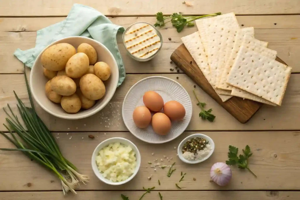 Ingredients for Passover potato pie including potatoes, matzo meal, eggs, and onions