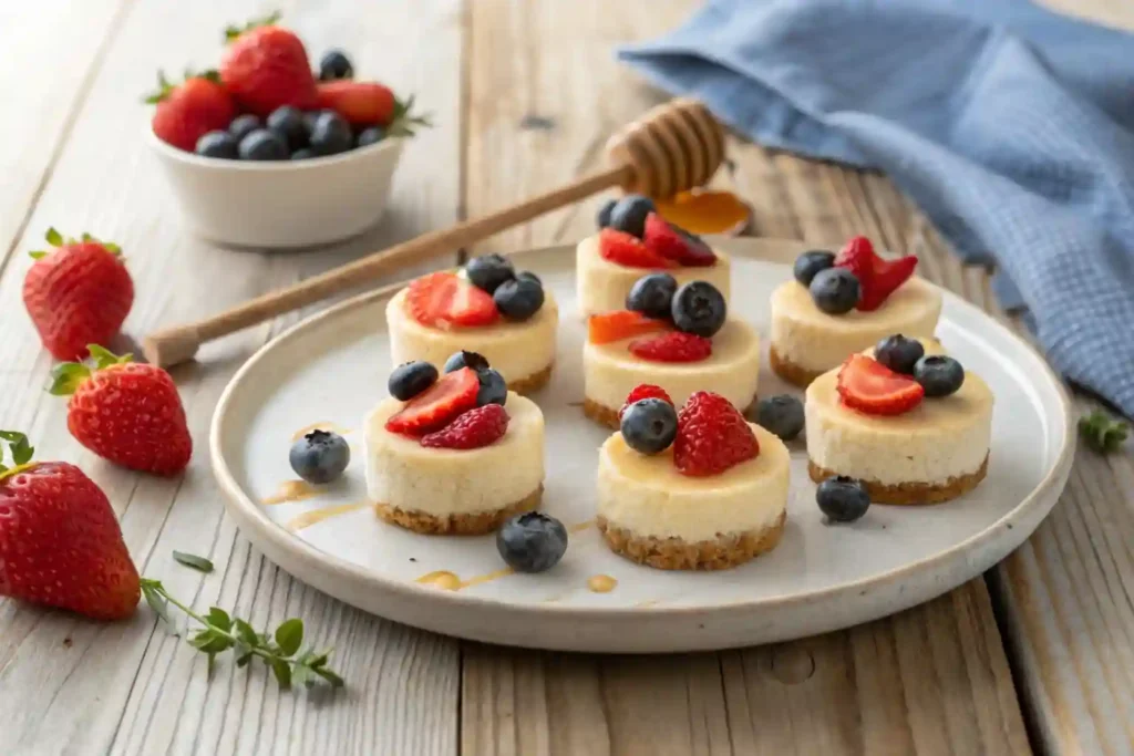 Plate of high protein healthy cheesecake bites garnished with berries and honey